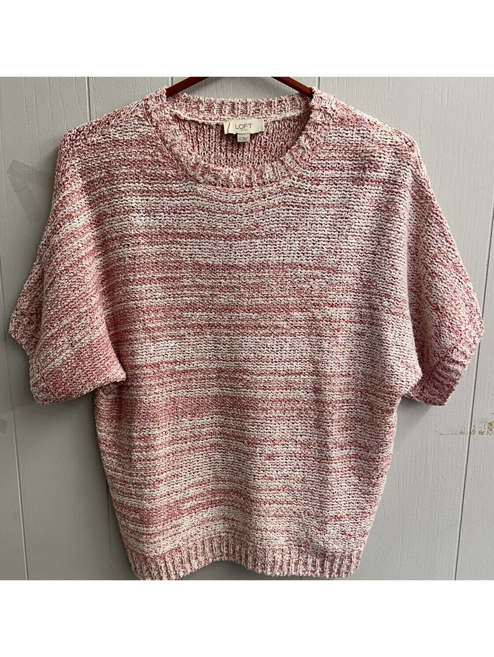 Loft Outlet Short Sleeve Sweater. Pink, White & Red  Cable Knit. Size Small. NWT
